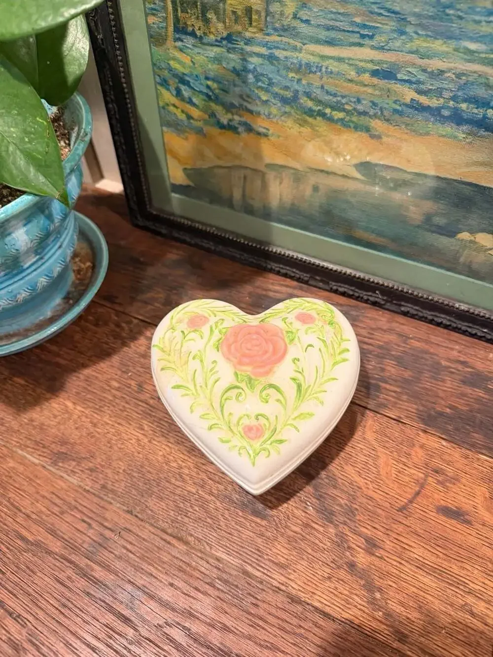 Vintage Ceramic Heart-Shaped Trinket Box with Raised Rose and Vine Motif